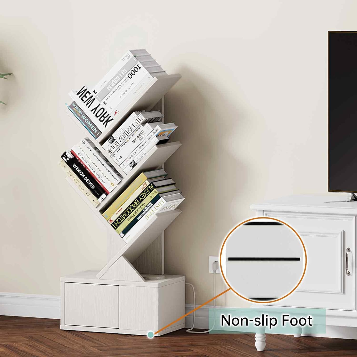 Tree Bookshelf - 5 Shelf Retro Floor Standing Bookcase with Charging Station, Kids Wood Book Storage Rack for Cds/Movies/Books, Utility Organizer Shelves for Living Room, Bedroom, Home Office