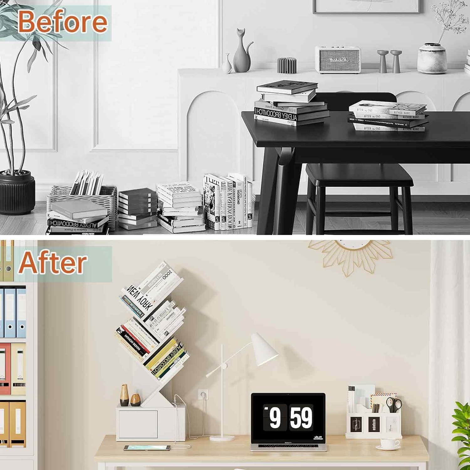 Tree Bookshelf - 5 Shelf Retro Floor Standing Bookcase with Charging Station, Kids Wood Book Storage Rack for Cds/Movies/Books, Utility Organizer Shelves for Living Room, Bedroom, Home Office