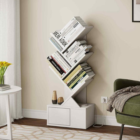 Tree Bookshelf - 5 Shelf Retro Floor Standing Bookcase with Charging Station, Kids Wood Book Storage Rack for Cds/Movies/Books, Utility Organizer Shelves for Living Room, Bedroom, Home Office
