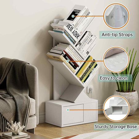 Tree Bookshelf - 5 Shelf Retro Floor Standing Bookcase with Charging Station, Kids Wood Book Storage Rack for Cds/Movies/Books, Utility Organizer Shelves for Living Room, Bedroom, Home Office
